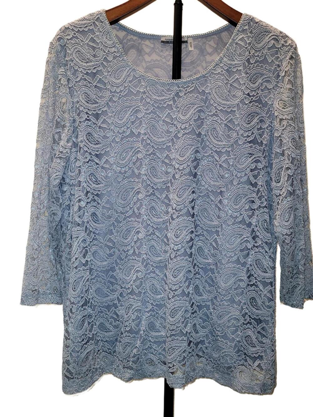 Silver Gray Stretch Lace Top Womens Size 2X Paisley 3/4 Sleeve